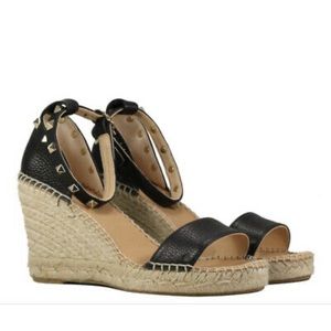 275 Central black real leather studded wedge